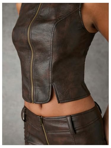 Floerns Women's Sleeveless Zip Up Vest Jacket Split Hem Western Crop Coat Outerwear3