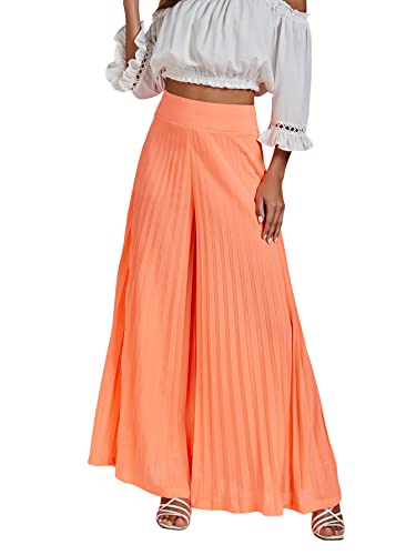 Lyaner Women's Elastic High Waisted Wide Leg Palazzo Pants Loose Casual Pleated Trousers Orange Medium #TOP3