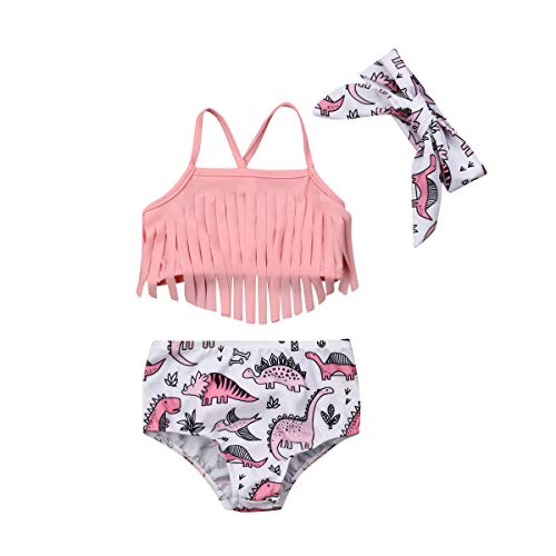 Carolilly 3 Pezzi Costume da Bagno Bambina Abito Estivo Bimba Bikini Rosa Frange Allacciato Stampata di Animali Senza Schienale Dinosauro Viaggio Spiaggia Mare Piscina Nuotare (0-24mesi)