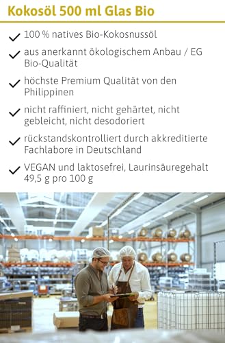 ÖLMÜHLE SOLLING - BIO Kokosöl | 100% natives Bio-Kokosnussöl | Ideal geeignet zum Braten, Backen und Frittieren, als Haut-& Haarpflege sowie für Hunde und Katzen | Inhalt: 500 ml