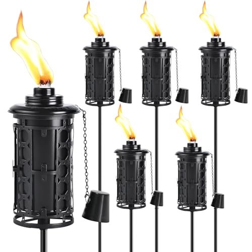 FAN-Torches 6-Pack Upgraded Home Garden Torch, Black Outdoor Metal Torch Garden Décor, 59-Inch Citronella Torches with 3-Prong Grounded Stake, Light Torches for Party Patio Pathway (More Stable)