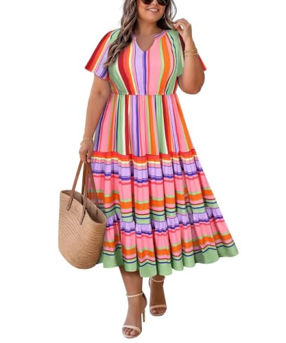 Image of TIYOMI Women Plus Size Dress Boho V Neck Short Sleeve Beach Maxi Dresses Floral /Stripe /Leaves /Lemon XL-5XL