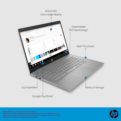 Image of HP Chromebook 14 Laptop (14 inch HD, Intel 4-Core Celeron N4120, 4GB RAM, 64GB eMMC + 64GB SD Card) for Home, Students, Light Weight, Long Battery Life, Webcam, Wi-Fi, IST HUB, Chrome OS (Renewed)