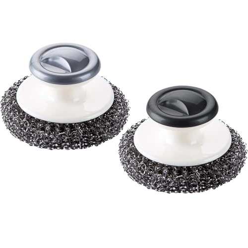 2 Pack Stainless Steel Scrubber with Handle,Heavy Duty Stainless Steel Wool Scrubber Cleaning Brush Wash for Dish for Pots, Pans, Grills, Ovens & Other Tough Jobs(Black.Grey)
