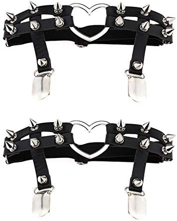 Jurxy 2PCS Gothic Studded Heart Garters Leg Ring Leg Elastic Punk Harness Garter Belt Adjustable Suspender with 2 Metal Clips – Black