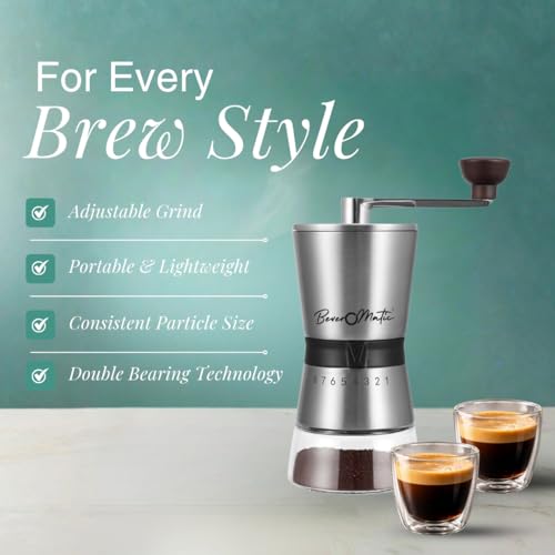 Image of Stainless Steel Manual Coffee Grinder, 80 Grams Bean Capacity | Ceramic Burr, Borosilicate Glass Jar, 8 Grind Settings, Beechwood Knob, For Drip Coffee, Espresso, Cappuccino, French Press
