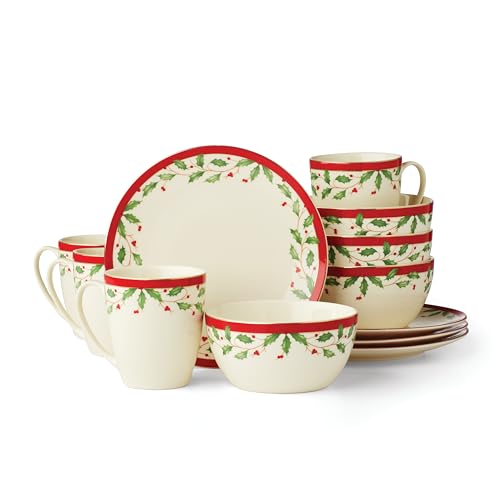 Lenox 894585 Holiday 12-Piece Dessert Set, Red & Green, 12 Count, Christmas Dinnerware, Hosting