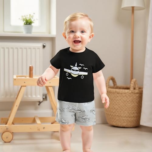Toddler Baby Boy Summer Outfit Airplane Pilot Short Sleeve T-shirts Tops Plaid Shorts Set Infant Planet Clothes Set2