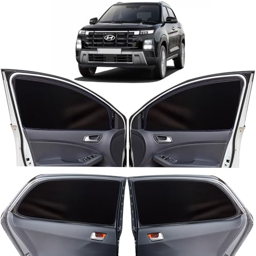 Image of OTO2EYE Car Sun Shade Compatible for Hyundai Creta Model 2024 to 2025, Z-Black Super Magnetic Grip, Front Window Zipper, Side Window Curtains, 4 Pieces Set