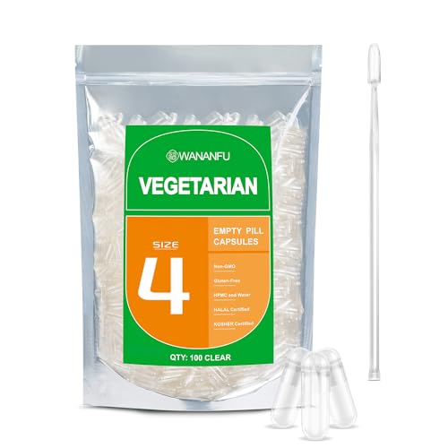 WANANFU Vegane Leerkapseln Größe 4 (100 Stück) Bundle mit 2 Mikrolöffeln, leere Kapseln zum Befüllen, Kompatibel mit Kapselfüller Größe 4
