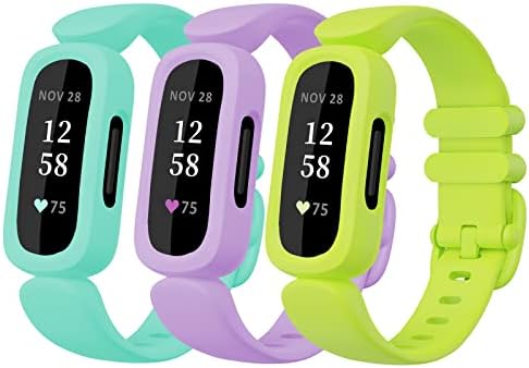 ESeekGo Compatible with Fitbit Ace 3 Bands for Kids 6+, 3 Pack Cute Colorful Silicone Rubber Adjustable Replacement Sport Bands Accessories for Girls Boys, Lavender+Lime+Marine Green