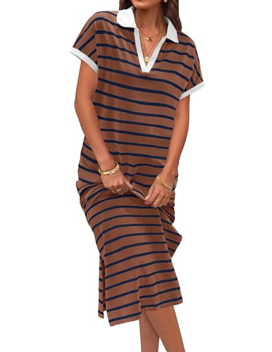 MEROKEETY Women's Summer Striped Short Sleeve Dress V Neck Collared Side Slit Casual Beach Maxi Dresses