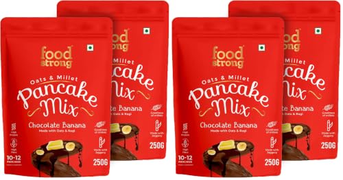 Image of Foodstrong Oats and Millets Chocolate Banana Pancake Mix, Source of Fibre & Protein, No Maida, No Refined Sugar - Made With Jaggery, Eggless Instant Breakfast Mix 250G (Pack Of 4)