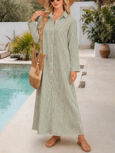 Image of Ladyful Women's Cotton Linen Maxi Dress Summer Long Sleeve Shirt Dress