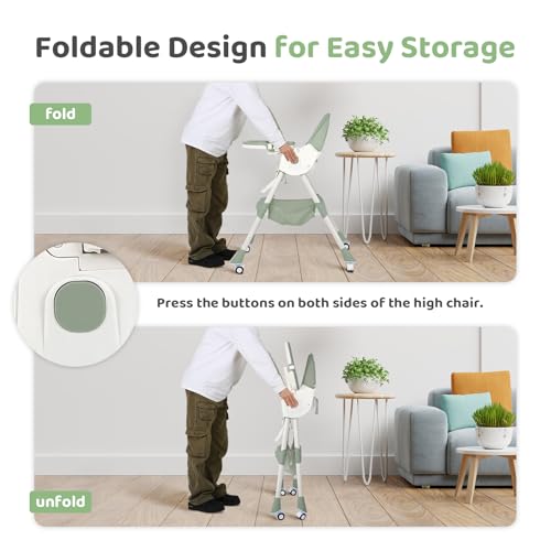 Image of 6 in 1 High Chair for Babies and Toddlers Portable Folding Baby Feeding Chair with Wheels and Footrest,Adjustable Height and Backrest Multi-Functional Highchair for Home and Travel
