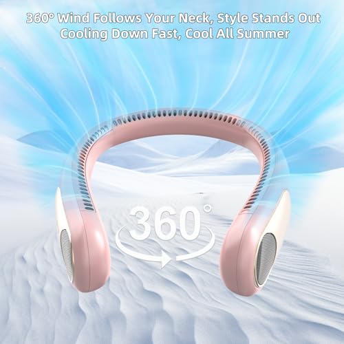 Image of Portable Neck Fan, Personal Wearable Bladeless Fan for Outdoor Indoor, LED Display, 360 Cooling, 4-Speeds, 6000mAh USB Rechargeable, Birthday Gifts for Men Women Dad Mom (Pink)