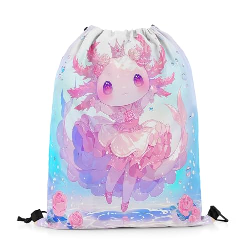 Erosebridal Princess Axolotl Drawstring Backpack 13x15.7 for Sport Gym Swim Yoga Camping Traveling Trip,Ballet Axolotl Drawstring Bags,Cute Salamander Draw String Back Bag,Sealife String Backpack