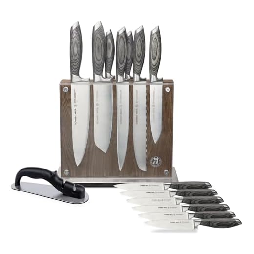 Schmidt Brothers -Bonded Ash- 15-Piece Knife Set, High-Carbon Stainless Steel Cutlery with Downtown Acacia and Acrylic Magnetic Knife Block and Knife Sharpener