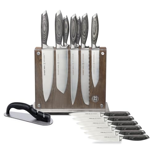 Schmidt Brothers -Bonded Ash- 15-Piece Knife Set, High-Carbon Stainless Steel Cutlery with Downtown Acacia and Acrylic Magnetic Knife Block and Knife Sharpener by Schmidt Bros. - Used condition - US$143.95