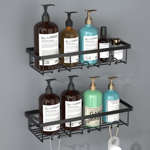 Oasiteege Shower Shelves for Inside Shower, 2 Pack Adhesive Bathroom Caddy Organizer Basket Rack for Storage and Organization, Wall Suction Bath Bathtub Shampoo Holder Set for RV Camper, Black