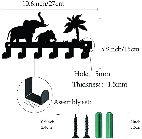 CREATCABIN Metal Key Holder Black Key Hooks Wall Mount Hanger Decor Iron Hanging Organizer Rock Decorative with 6 Hooks Elephants Tree Pattern for Front Door Entryway Towel 10.6 x 5.9 x 1.5 inches