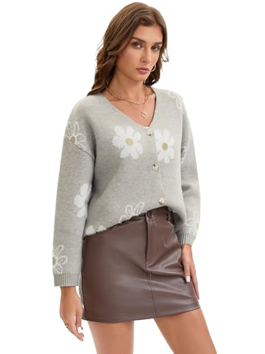 Floral Cardigan Sweaters for Women Open Front V Neck Button Down Long Sleeve Knit Outerwear Fall Outfits 20253