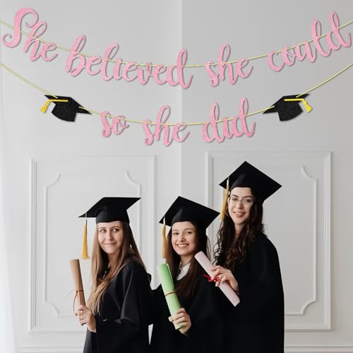 Image of JUESMOS She Believed She Could So She Did Banner Decorations for Graduation Party Women Girls Graduation Banners Pink Glitter Garland for Congratulation Grad Party Supplies School Home Car Decorations