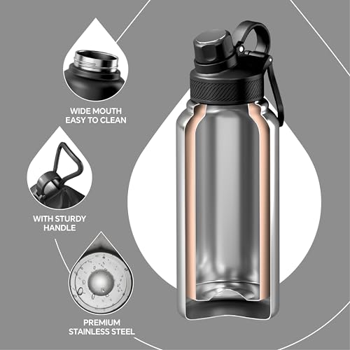 Image of IDEUS Vacuum Insulated Water Bottle, Stainless Steel Double Wall Flask Metal Sports Canteen with Leak-Proof Screw Cap (Black, 32oz (950ml))
