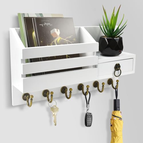 LPAMABA Boîte à Clé Murale en Bois, Porte Clef Maison Blanc, Support Courrier Mural avec 6 Crochets et Étagère, Armoire Rangement à Clé Décoratif, pour...