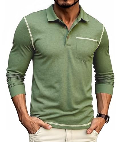 V VALANCH Mens Casual Polo Shirts Long Sleeve Golf Shirts with Pocket Lightweight Work Athletic