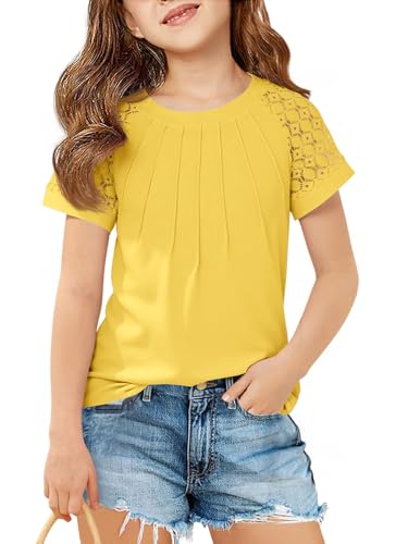 Image of Girls Pleated T Shirts Kids Fashion Lace Sleeve Summer Tops 5-14 Years | Casual Crewneck Blouse,Fashion Clothes
