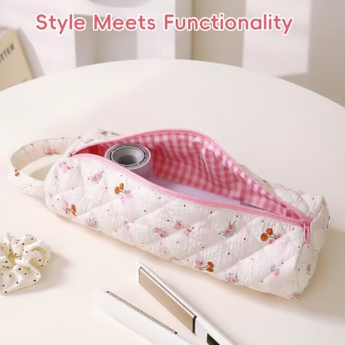 Image of HANNEA Hair Tools Organizer Bag with Cherry Pattern for Airwrap Style, Flat Irons, Hair Dryers and Styling Tools, Portable Hair Dryer Bag Case, Pink