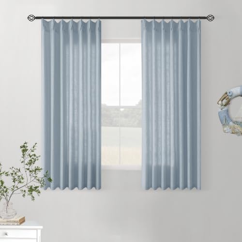 Image of Dusty Blue Pinch Pleated Short Linen Curtains 45 Inches Long 2 Panels for Living Room Bedroom Memory Trained Semi Sheer Pleat Drapes Hooks Rings Light Filtering Small Kitchen Window Curtain 40x45