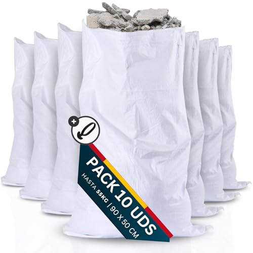 [10 uds + gomas] Sacos Para Escombros [50x90cm] con Gomas de Anclaje Resistentes 55kg, Saco Yute, Saco Rafia, Saco Jardin, Saco Para Escombros de Obra, Bolsas para obras y Transporte de Materiales