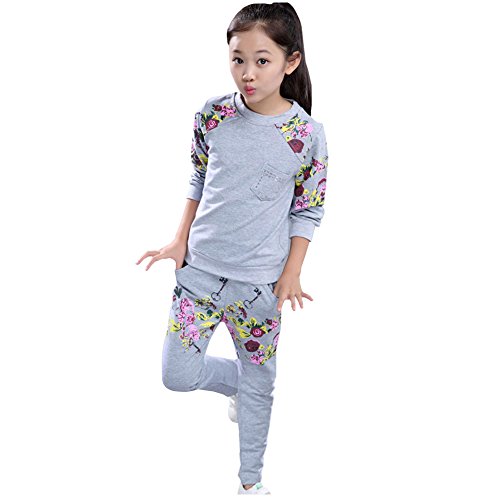 LSERVER Sportanzug Mädchen Jogginganzug Pullover und Hose Trainingsanzug,Grau,122/128 Cover