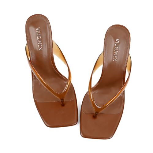 Image of VIUGJNEX Women's Kitten Heels Flip Flops Slip On Open Toe Low Heels Thong Square Slide Summer Fashion Party Heeled Dressy Sandals for Women