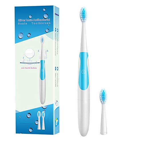 Electric Toothbrush with 2 Replacement Brush Heads, IPX7 Waterproof Sonic Toothbrush by Battery Powered (Sky Blue)