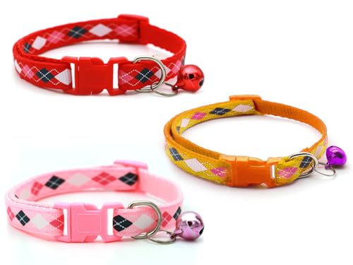 Image of Cat & Puppy Collar with Bell,Kitten & Small Dogs Soft Adjustable,Safe,Solid & Protective Breakaway for Cats & Puppies,Cute Kitty Neckband with Diamond Print-(Pink,Yellow,Red)