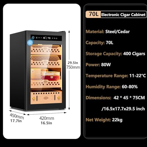 Elektronischer Zigarren-Humidor mit Zedernholz-Regalen – 70 l Kapazität für 400 Zigarren und Rotwein