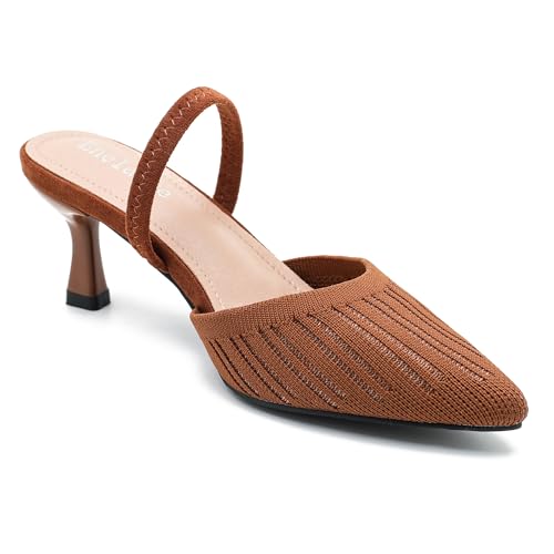 Enelauge Women's Low Kitten Heel Knit Pumps with Elastic Ankle Strap Pointed Closed Toe Slingback Comfortable Dress Wedding Shoes2