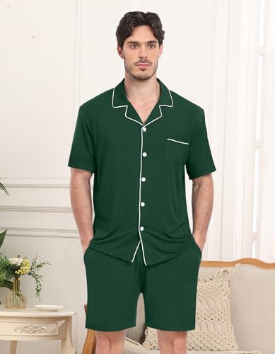 Mens Pajama Set Short Sleeve 2PCS Sleepwear Button Down Loungewear Set Soft Modal Pj Set with Pockets, Green-S2