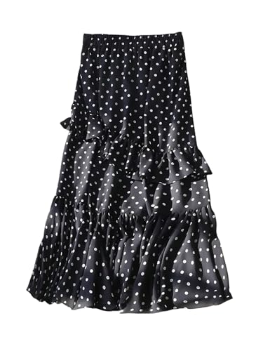 WDIRARA Women's Polka Dots Ruffle Long Skirt Vintage Elastic Waist A Line Flowy Skirts