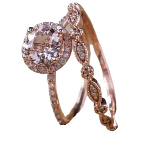 Prodotto di alta qualità LRGKMCWTOB Set di 2 anelli eleganti da donna in oro rosa 18 carati, con morganite rosa, anello da sposa con diamante solitario, anelli di fidanzamento da donna (US 6)