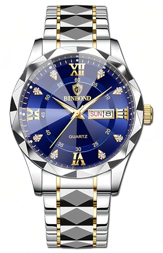 Gosasa Luxury Men's and Women's Business Diamond Stainless Steel Waterproof Roman Numeral Analog Quartz Watch with Day-Date Calendar, Gold and Silver Tone (M-Gold Blue, Men)