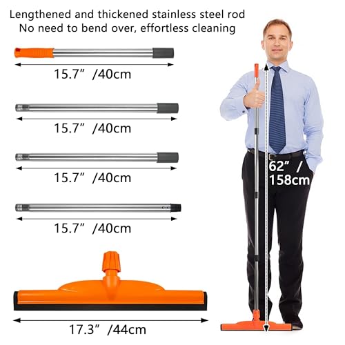 Image of Floor Squeegee Scrubber, 17'' Heavy Duty Household Broom EVA Foam Blade Rubber Wiper Squeegee for Concrete Floor Garage Shower Bathroom Tile Scrubber 60'' Long Handle Multifunction Magic Broom(Orange)