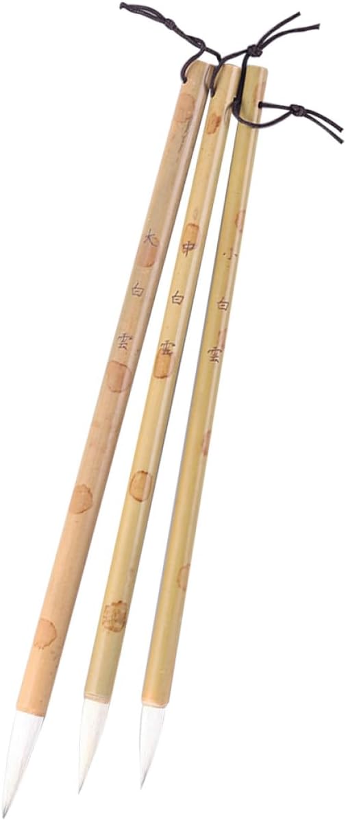 SEWACC 3 Pcs Chinese Calligraphy Brush for Beginners Elastic White Hair Drawing Brushes for Kanji Sumi Writing Practice Large Medium Small Traditional Home and School Use