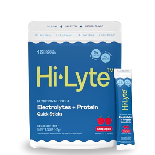 Image of Hi-Lyte Electrolytes + Protein Quick Sticks Crisp Apple, 16 Servings - Sodium, Potassium, Whey Protein - Keto Friendly - 5g Protein, No Sugar