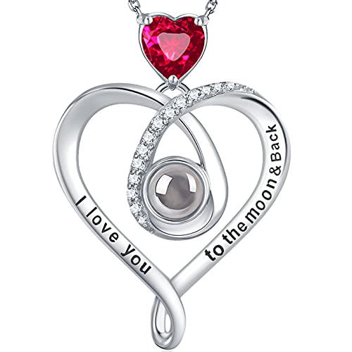 I Love You Necklace 100 Languages Birthday Gifts Wife Mom July Birthstone Ruby Necklace Her to the Moon and Back Jewelry Sterling Silver