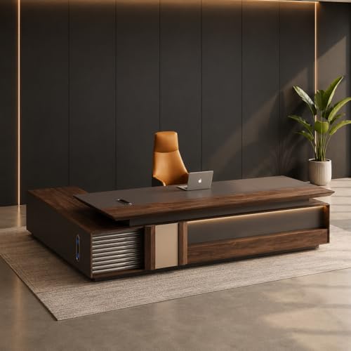 Image of Premium Executive Office Desk with Side Storage Unit, Modern CEO Manager Table in Dark Walnut Finish for Luxury Office Cabin & Contemporary Workspace (LDL-796 MDFL L8W3)