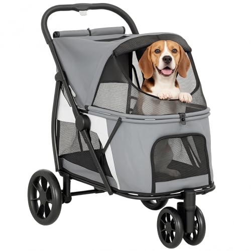 PawHut Hundewagen Hundebuggy Faltbar Katzenwagen bis 20 kg mit waschbarem Kissen, Netzfenstern, 3 Räder, Tür, Rückentasche, Haustierbuggy für kleine mittelgroße Hunde, Grau